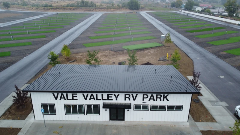 Aerial drone view of Vale Valley RV Park showing the layout and beautiful landscape