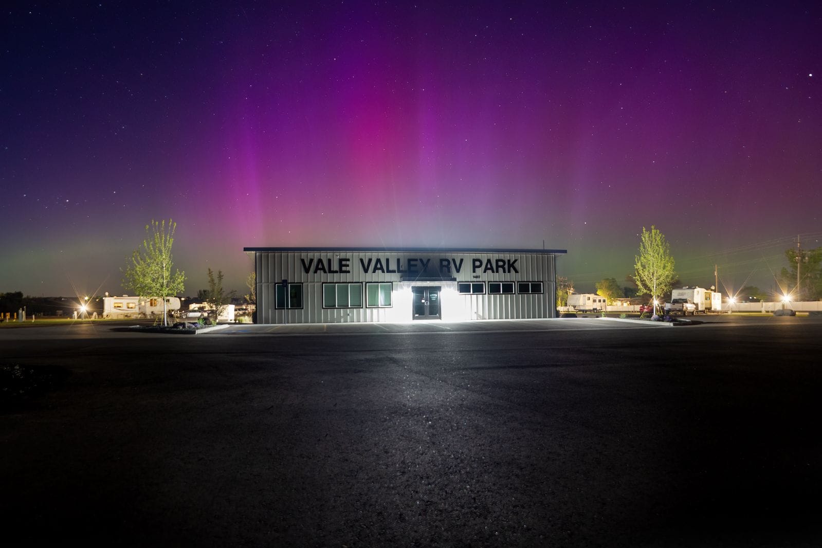 Aerial view of Vale Valley RV Park showing off Aurora Borealis